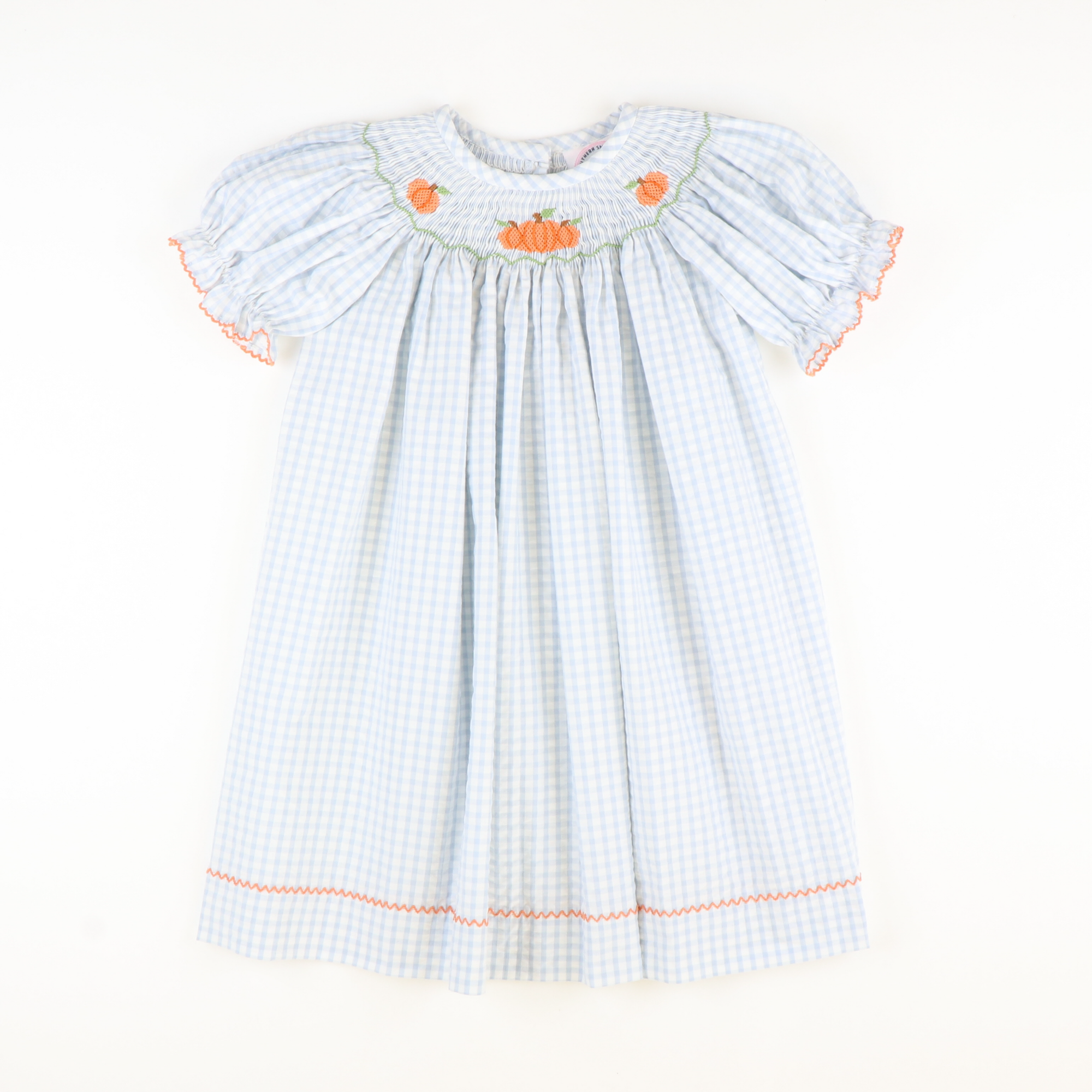 Smocked Autumn Pumpkins Bishop - Light Blue Check Seersucker