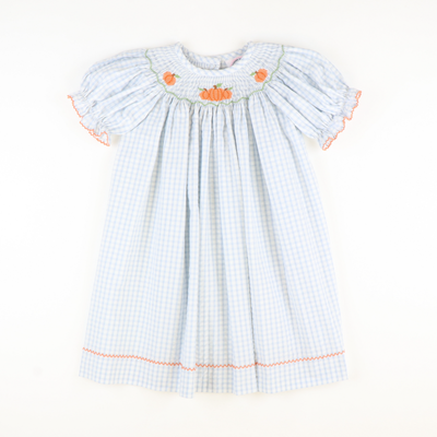 Smocked Autumn Pumpkins Bishop - Light Blue Check Seersucker