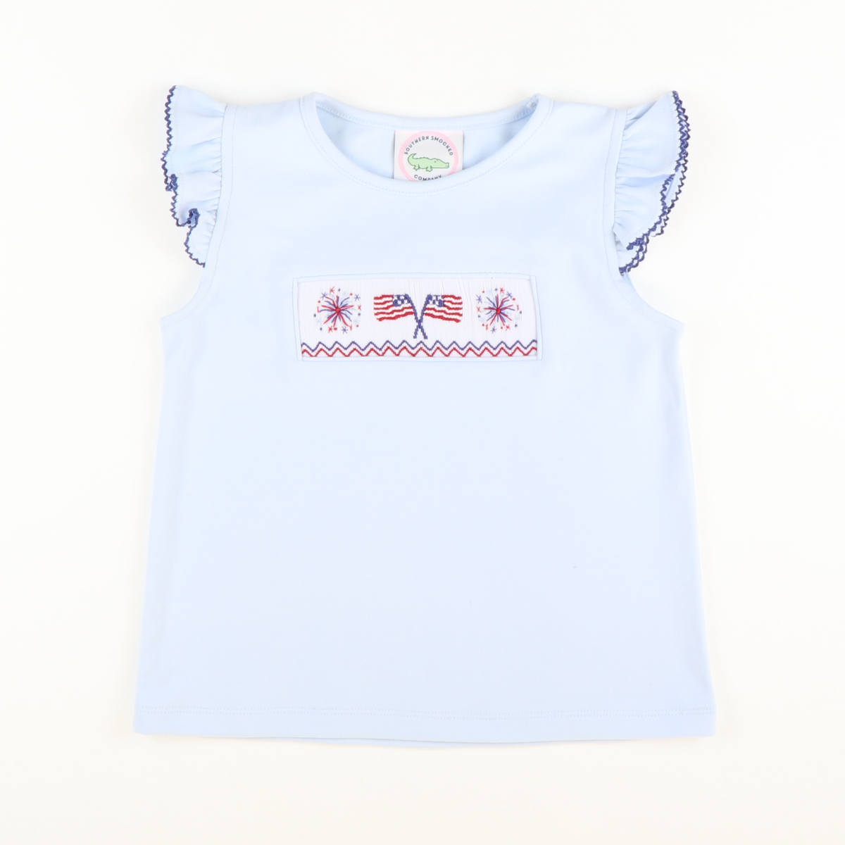 Smocked Flags and Fireworks Light Blue Knit Top