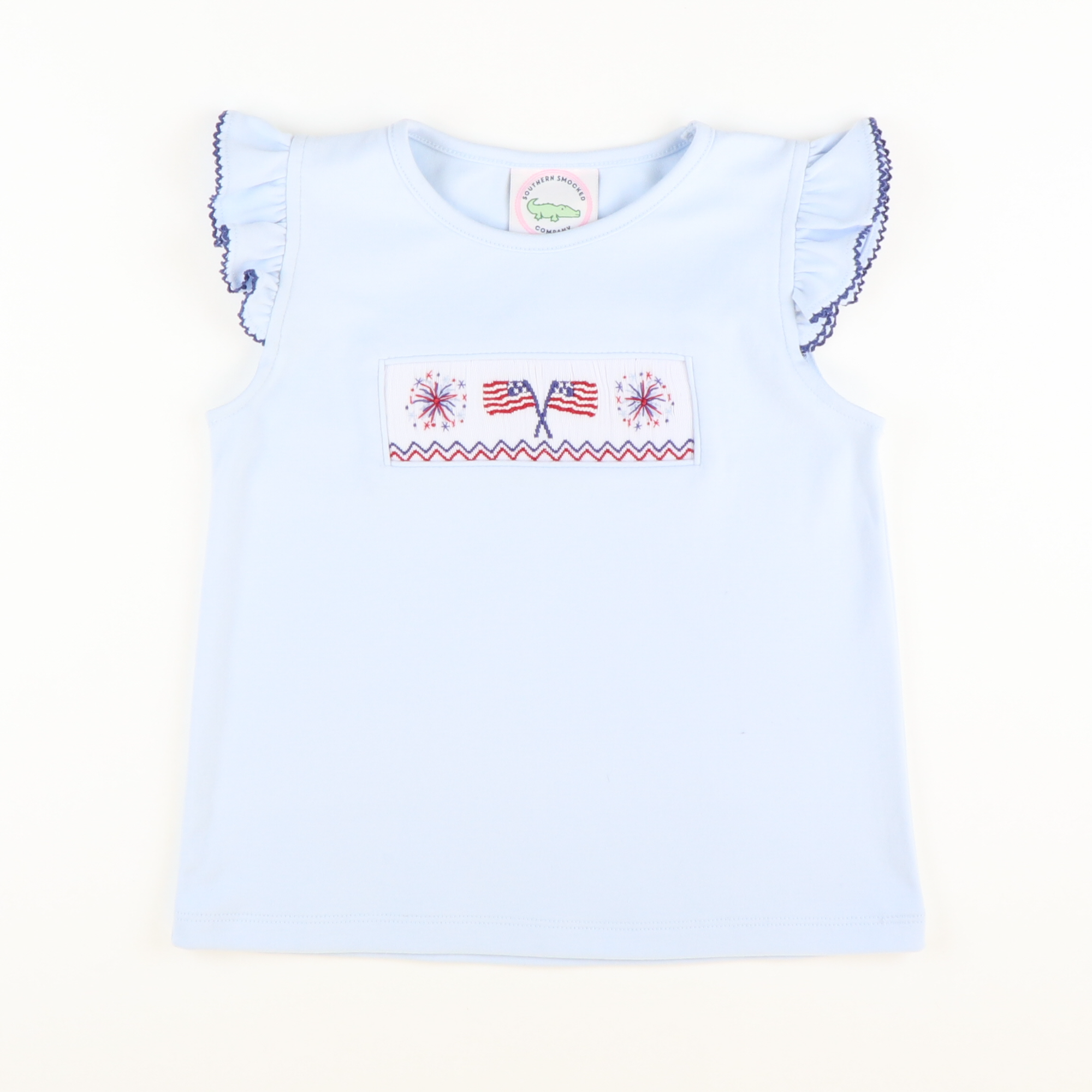 Smocked Flags and Fireworks Light Blue Knit Top