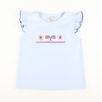 Smocked Flags and Fireworks Light Blue Knit Top