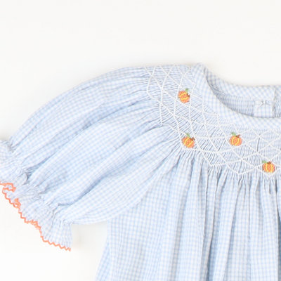 Smocked Tiny Pumpkins Girl Bubble - Light Blue Mini Check Seersucker
