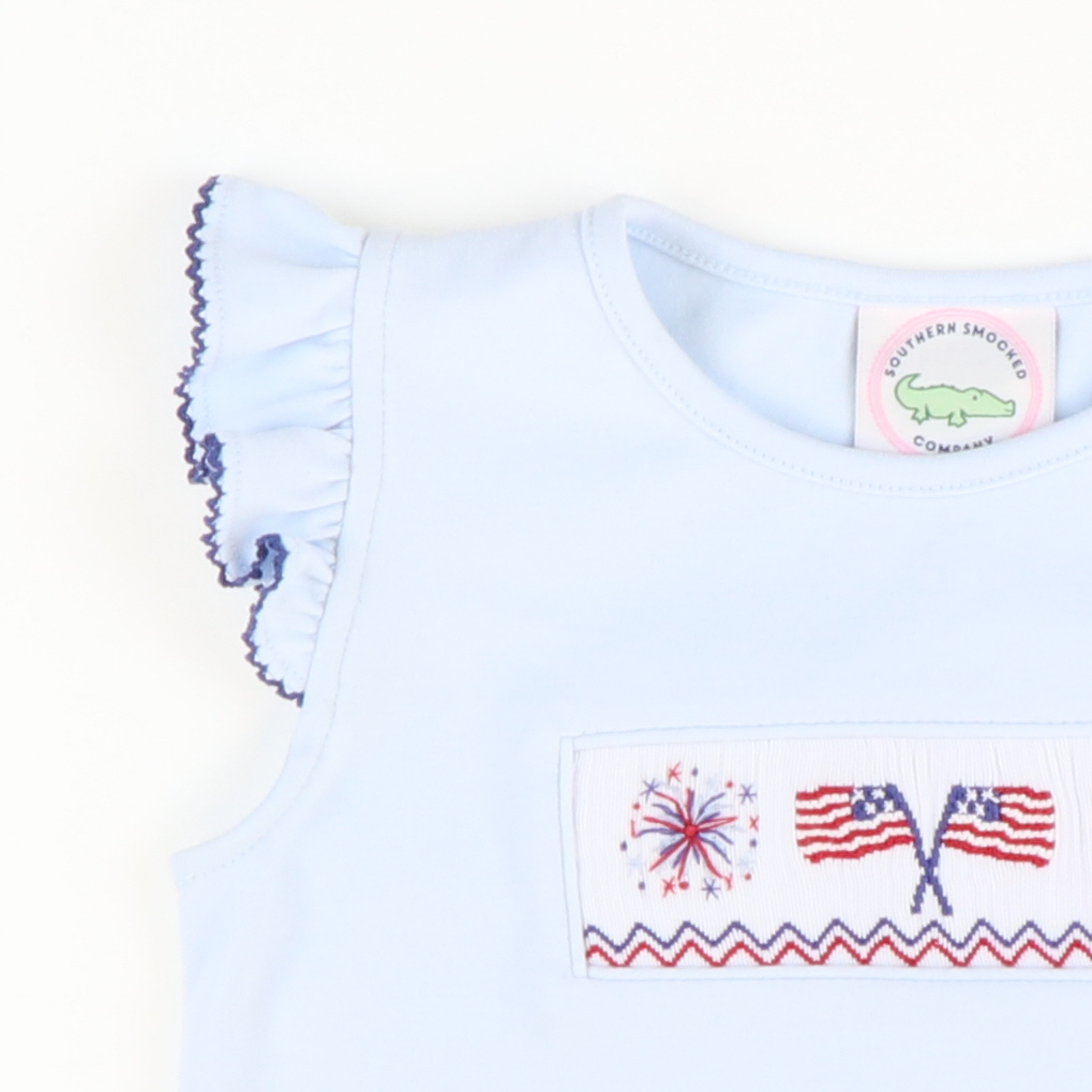 Smocked Flags and Fireworks Light Blue Knit Top