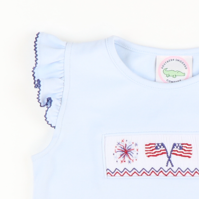 Smocked Flags and Fireworks Light Blue Knit Top