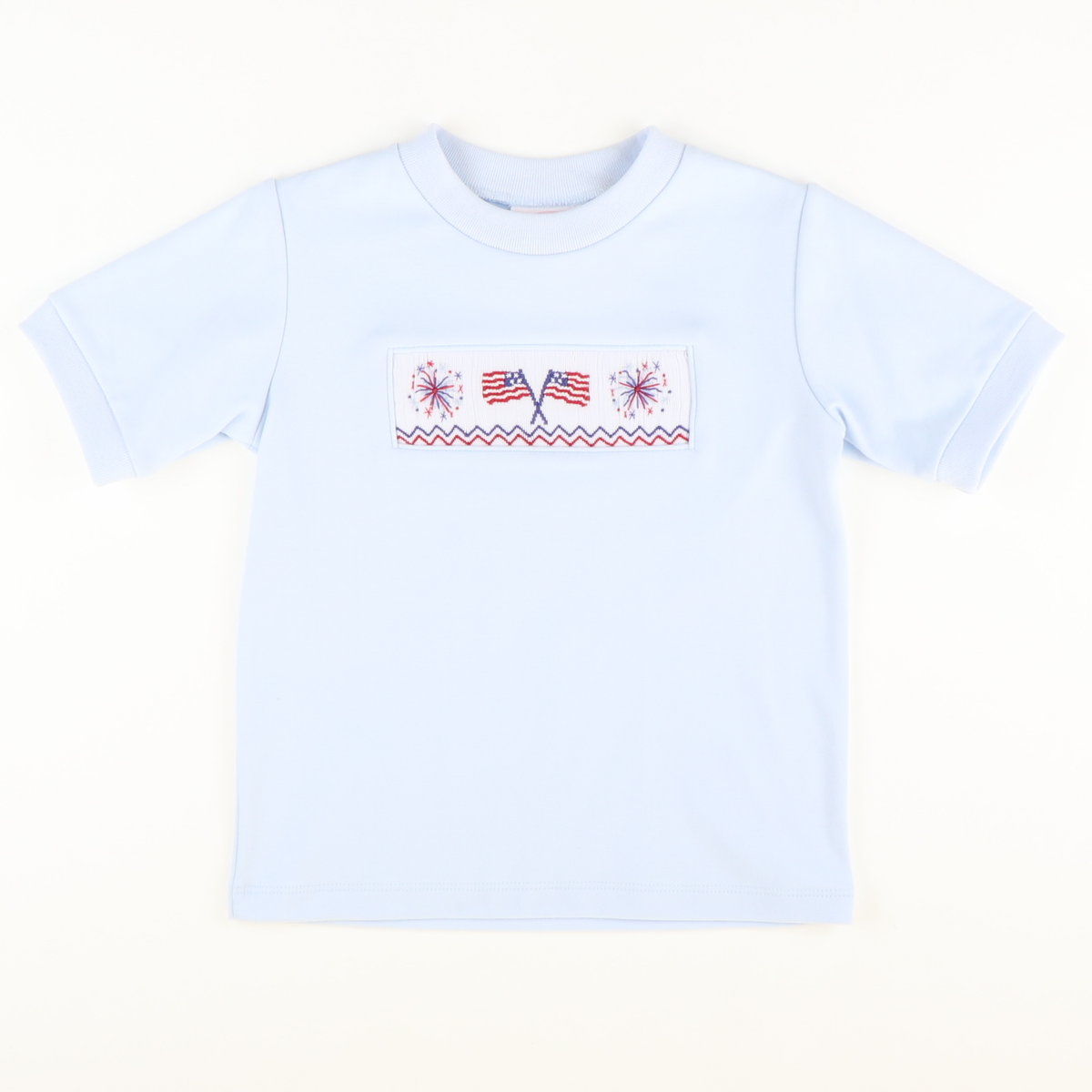 Smocked Flags and Fireworks Short Sleeve Light Blue Knit Shirt