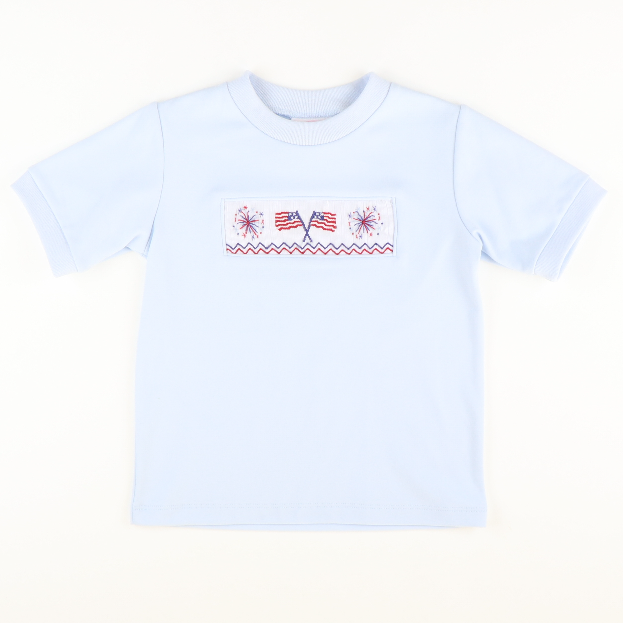 Smocked Flags and Fireworks Short Sleeve Light Blue Knit Shirt