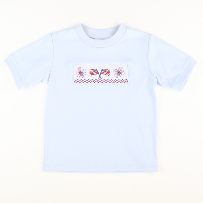 Smocked Flags and Fireworks Short Sleeve Light Blue Knit Shirt