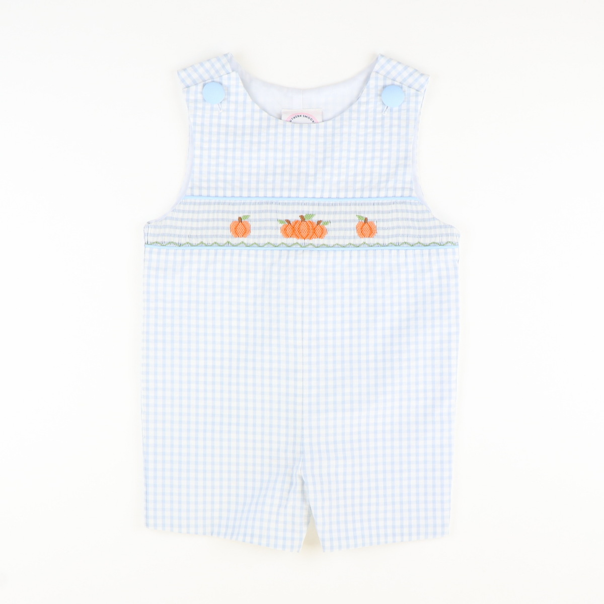 Smocked Autumn Pumpkins Shortall - Light Blue Check Seersucker