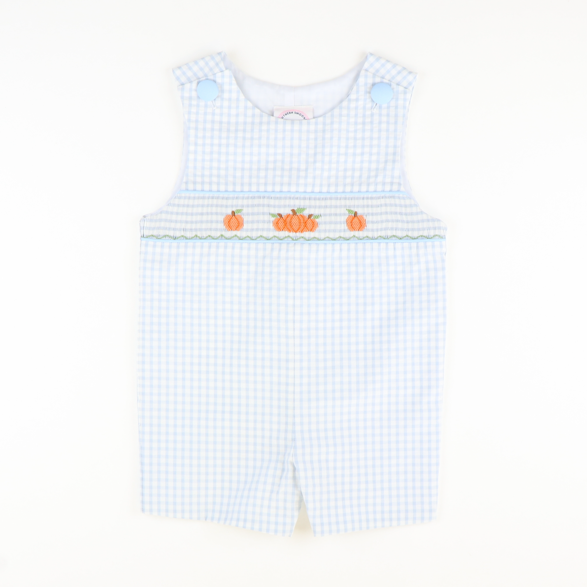 Smocked Autumn Pumpkins Shortall - Light Blue Check Seersucker
