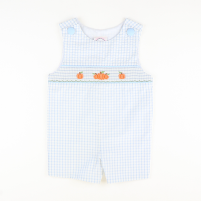 Smocked Autumn Pumpkins Shortall - Light Blue Check Seersucker