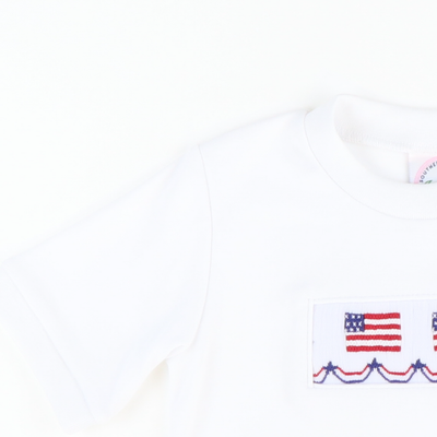 Smocked Liberty Short Sleeve White Knit Shirt