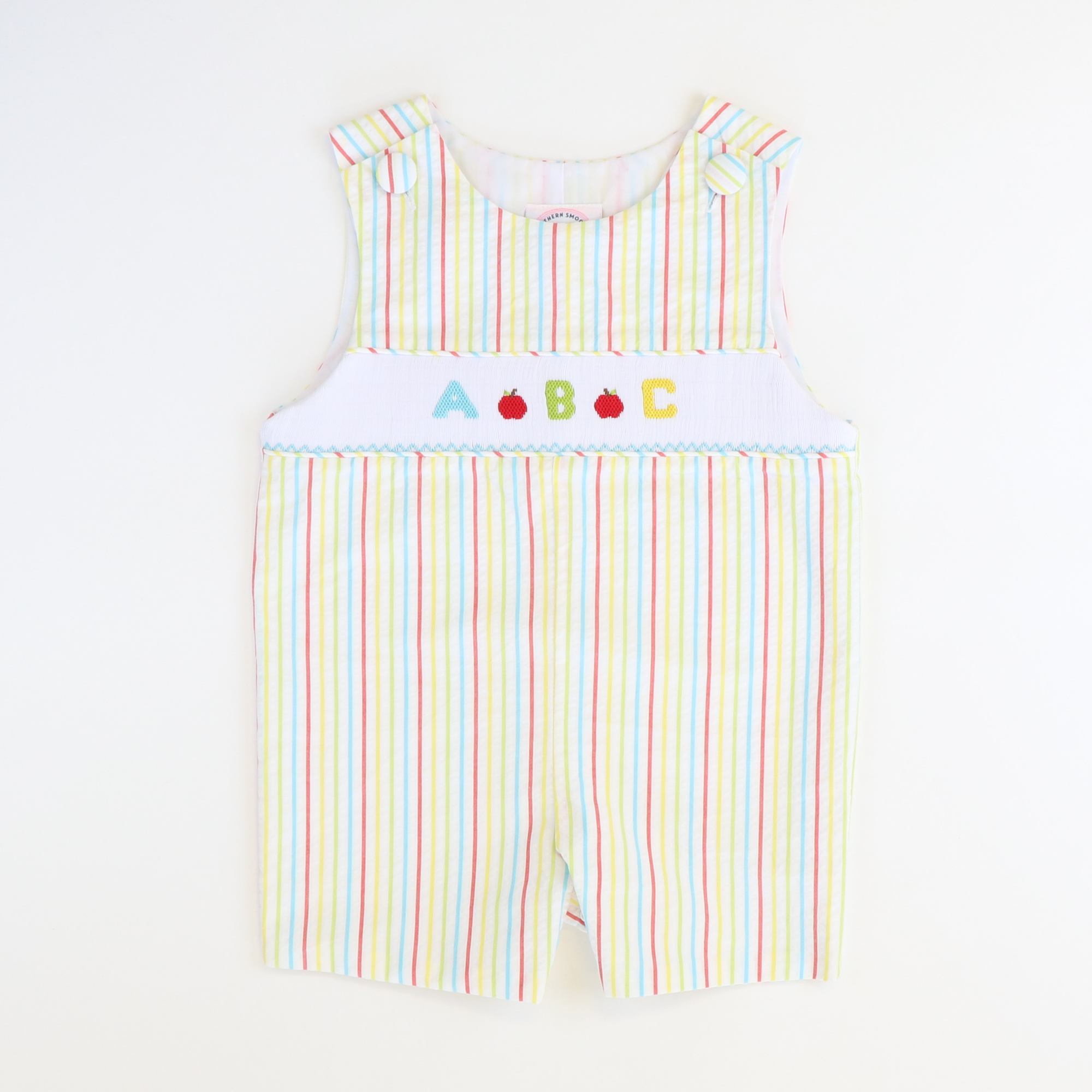 Smocked ABC Shortall - Multicolor Stripe Seersucker