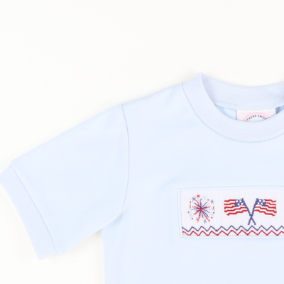 Smocked Flags and Fireworks Short Sleeve Light Blue Knit Shirt