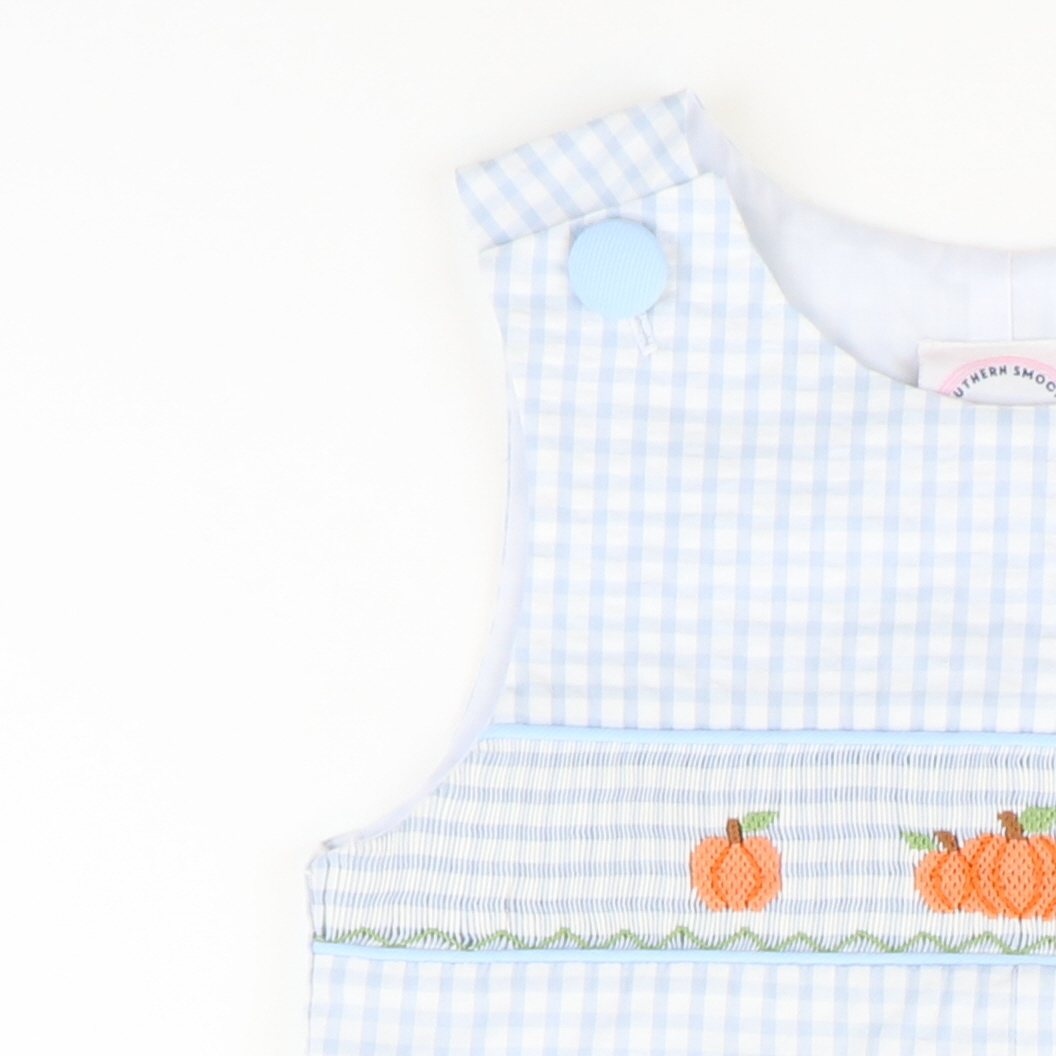 Smocked Autumn Pumpkins Shortall - Light Blue Check Seersucker