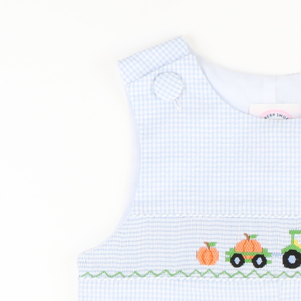Smocked Pumpkin Tractor Shortall - Light Blue Mini Check Seersucker