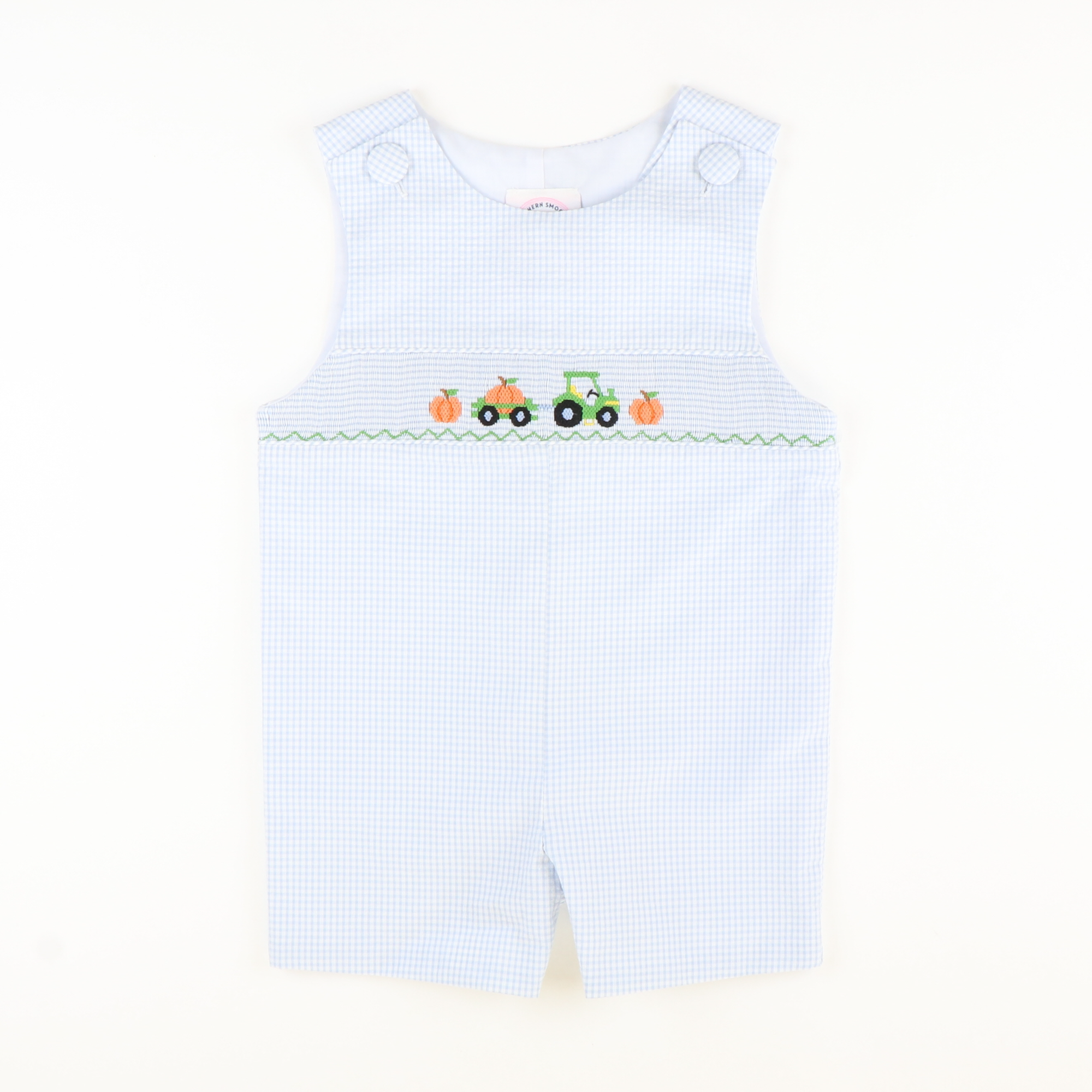 Smocked Pumpkin Tractor Shortall - Light Blue Mini Check Seersucker