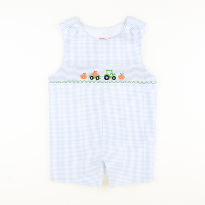 Smocked Pumpkin Tractor Shortall - Light Blue Mini Check Seersucker