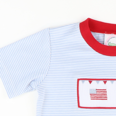 Smocked Fourth of July Parade Romper - Light Blue Stripe Knit