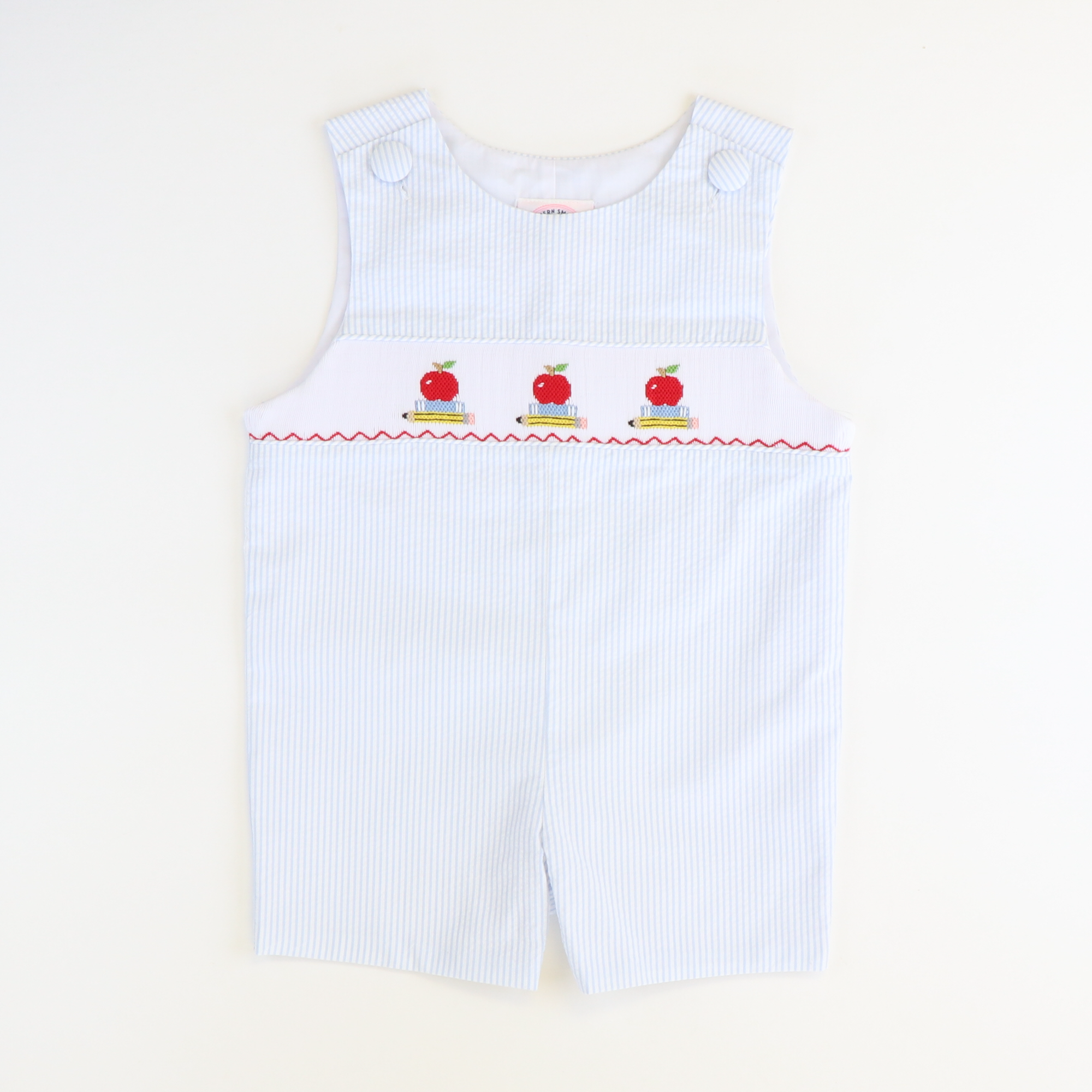 Smocked Apples & Books Shortall - Light Blue Stripe Seersucker
