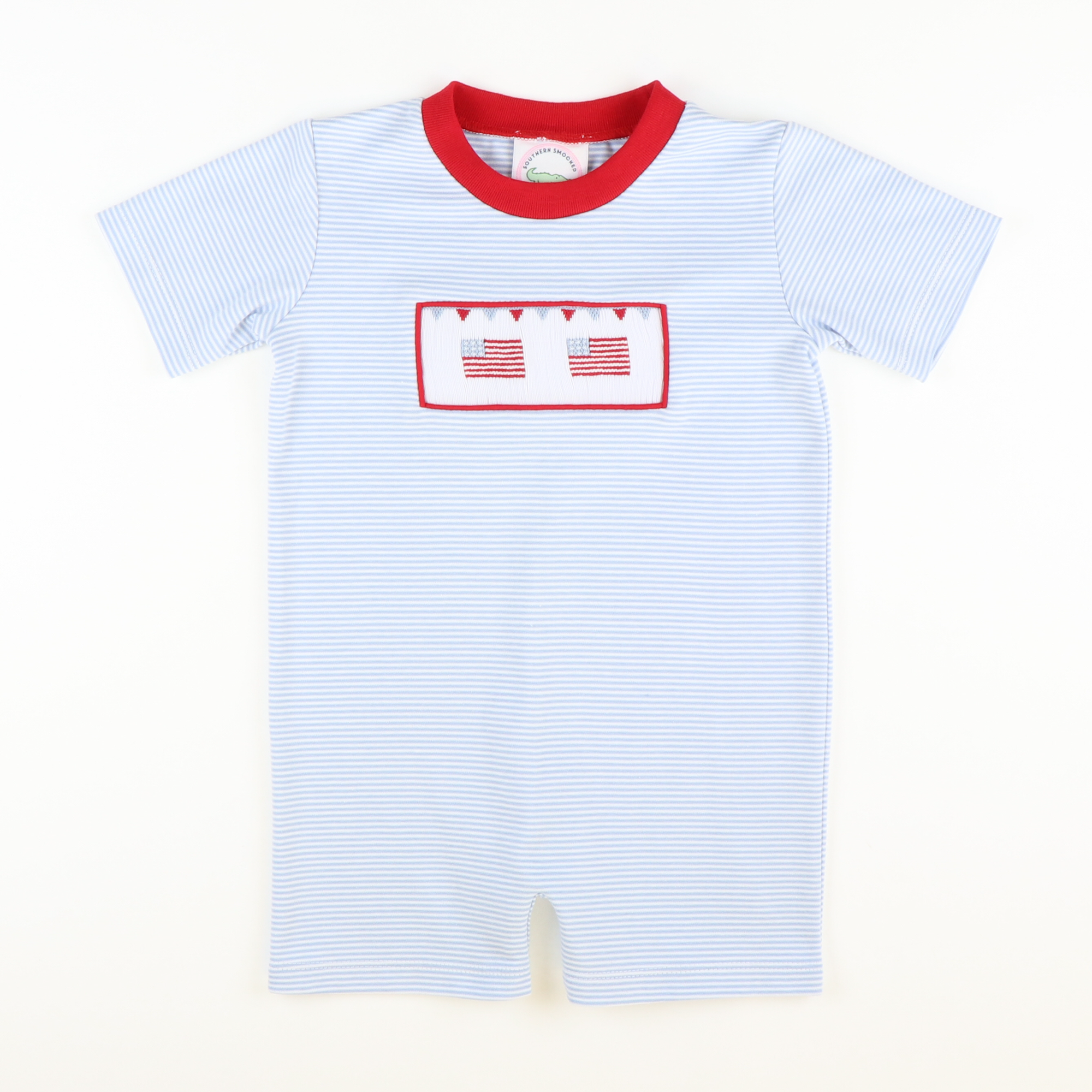 Smocked Fourth of July Parade Romper - Light Blue Stripe Knit