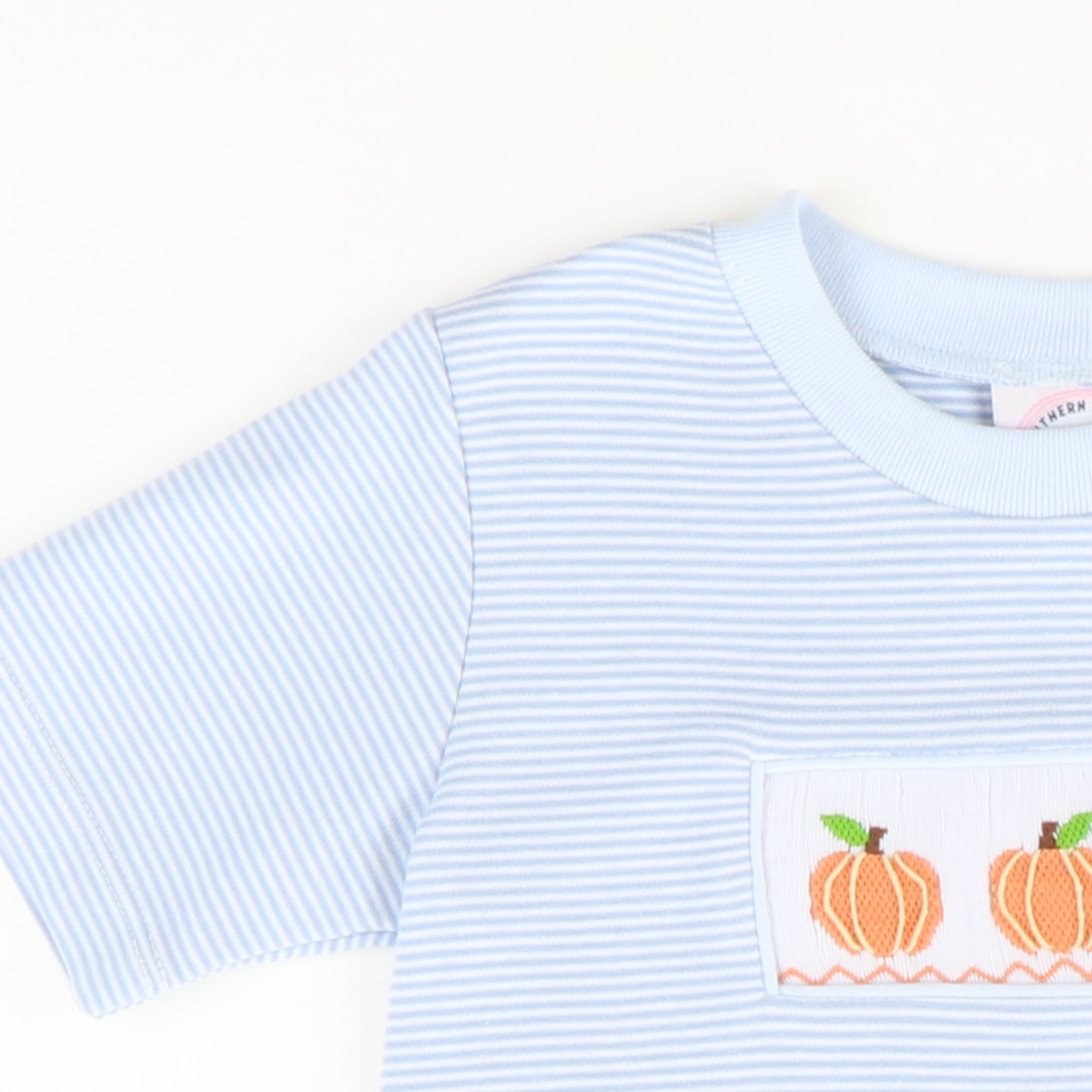 Smocked Classic Pumpkins Boy Romper - Light Blue Micro Stripe Knit