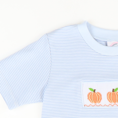 Smocked Classic Pumpkins Boy Romper - Light Blue Micro Stripe Knit