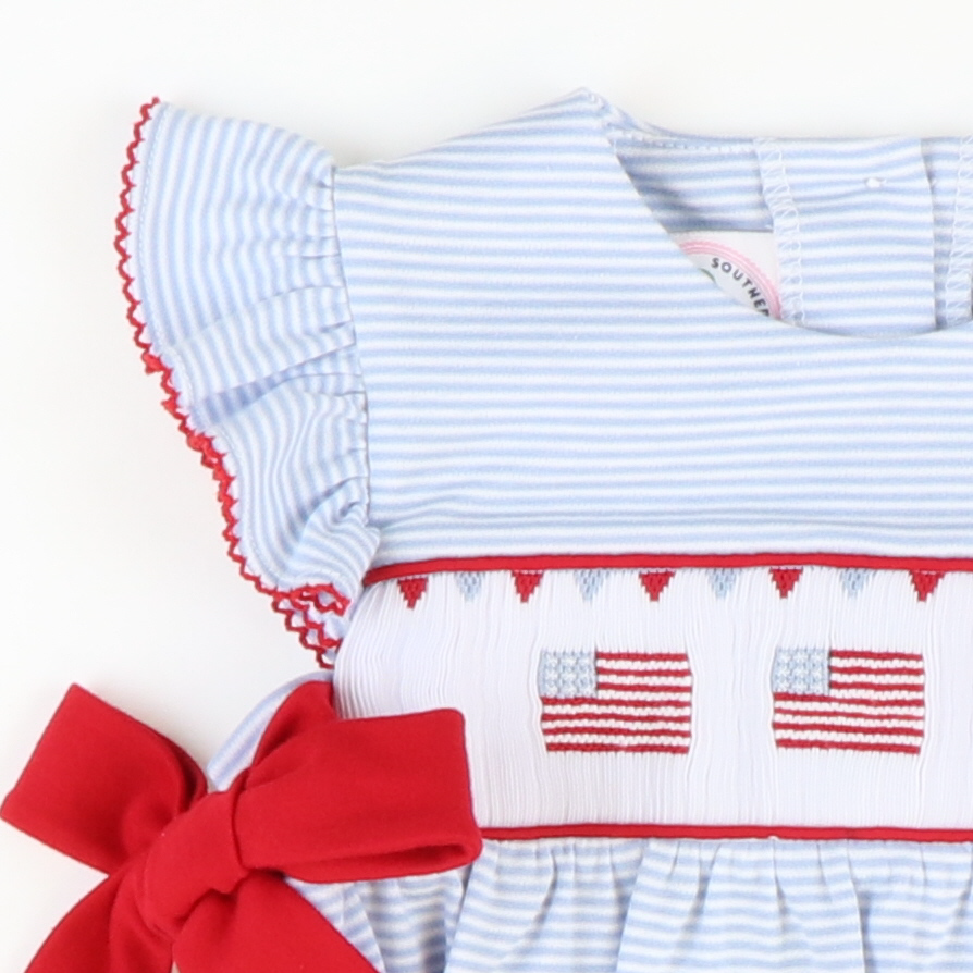 Smocked Fourth of July Parade Dress - Light Blue Stripe Knit