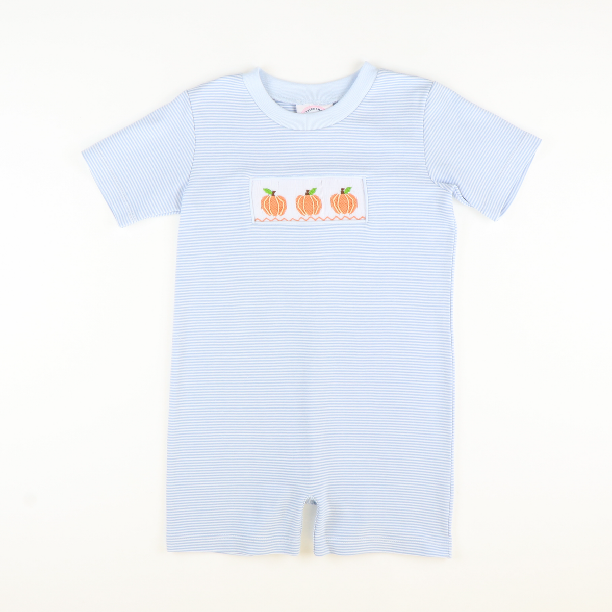 Smocked Classic Pumpkins Boy Romper - Light Blue Micro Stripe Knit