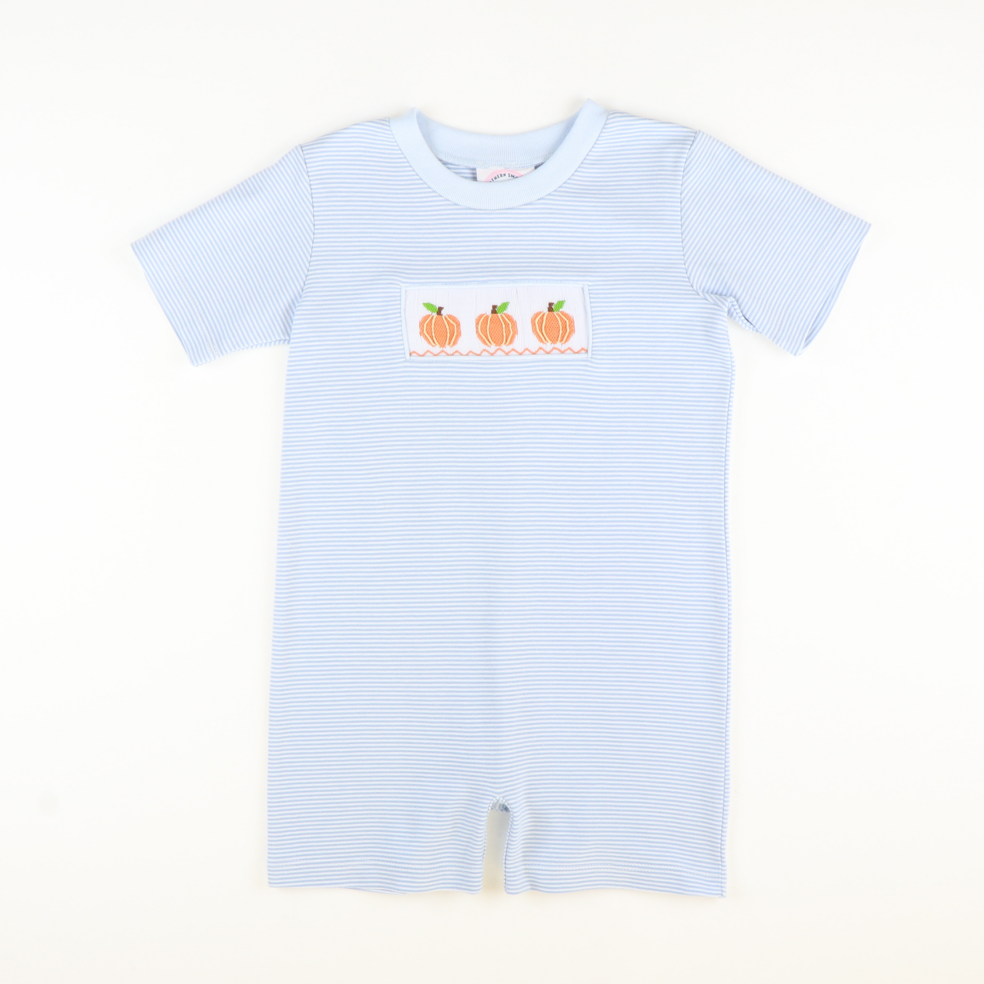 Smocked Classic Pumpkins Boy Romper - Light Blue Micro Stripe Knit