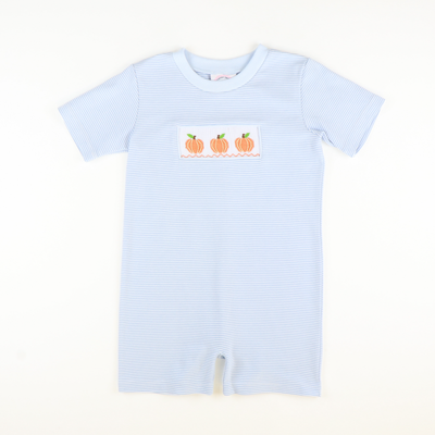 Smocked Classic Pumpkins Boy Romper - Light Blue Micro Stripe Knit