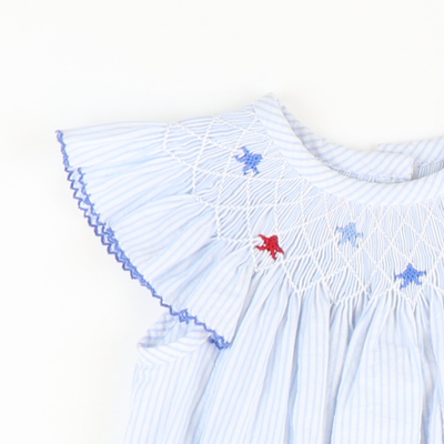Smocked Patriotic Stars Bishop - Light Blue Stripe Seersucker