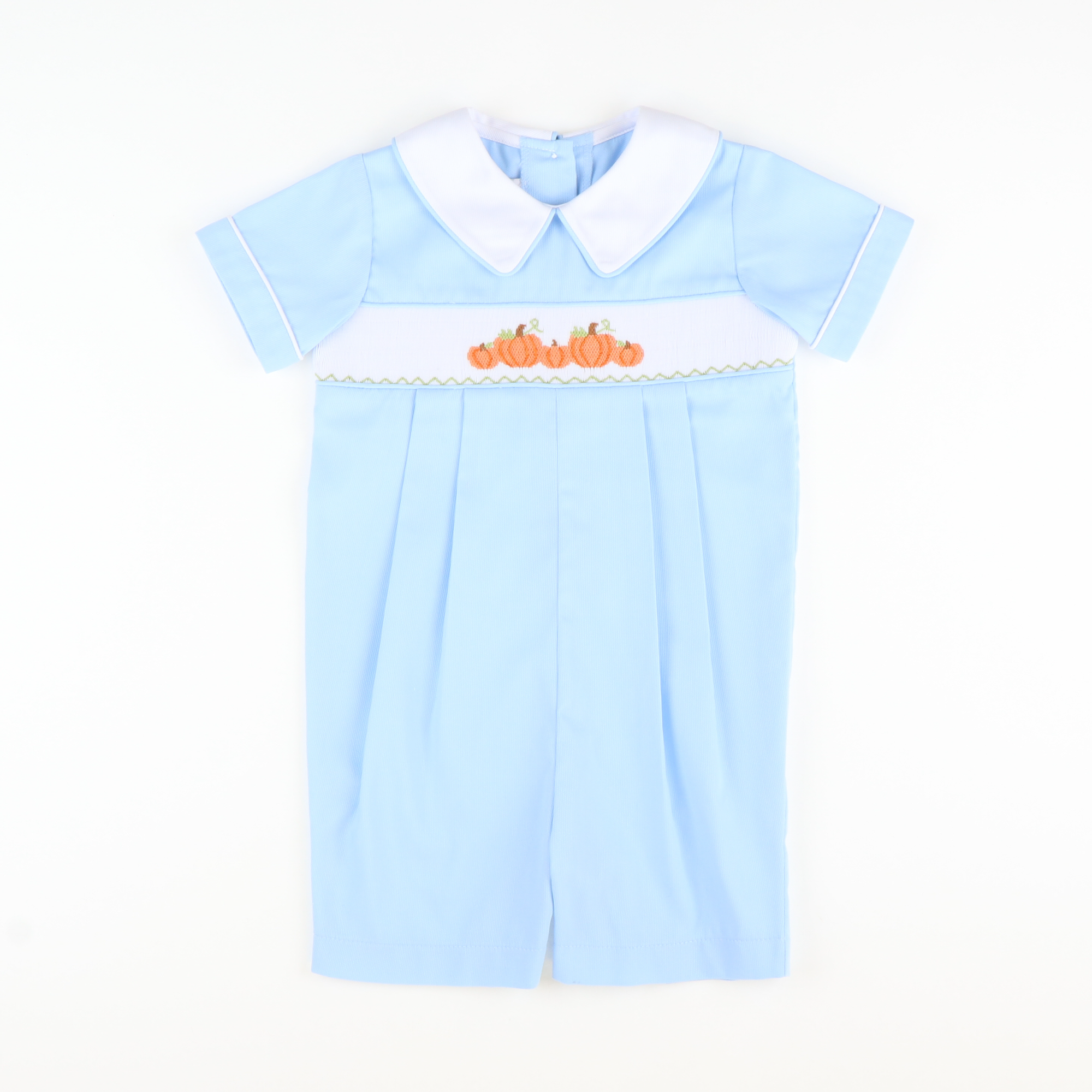 Smocked Pumpkin Patch Collared Boy Romper - Blue Pique