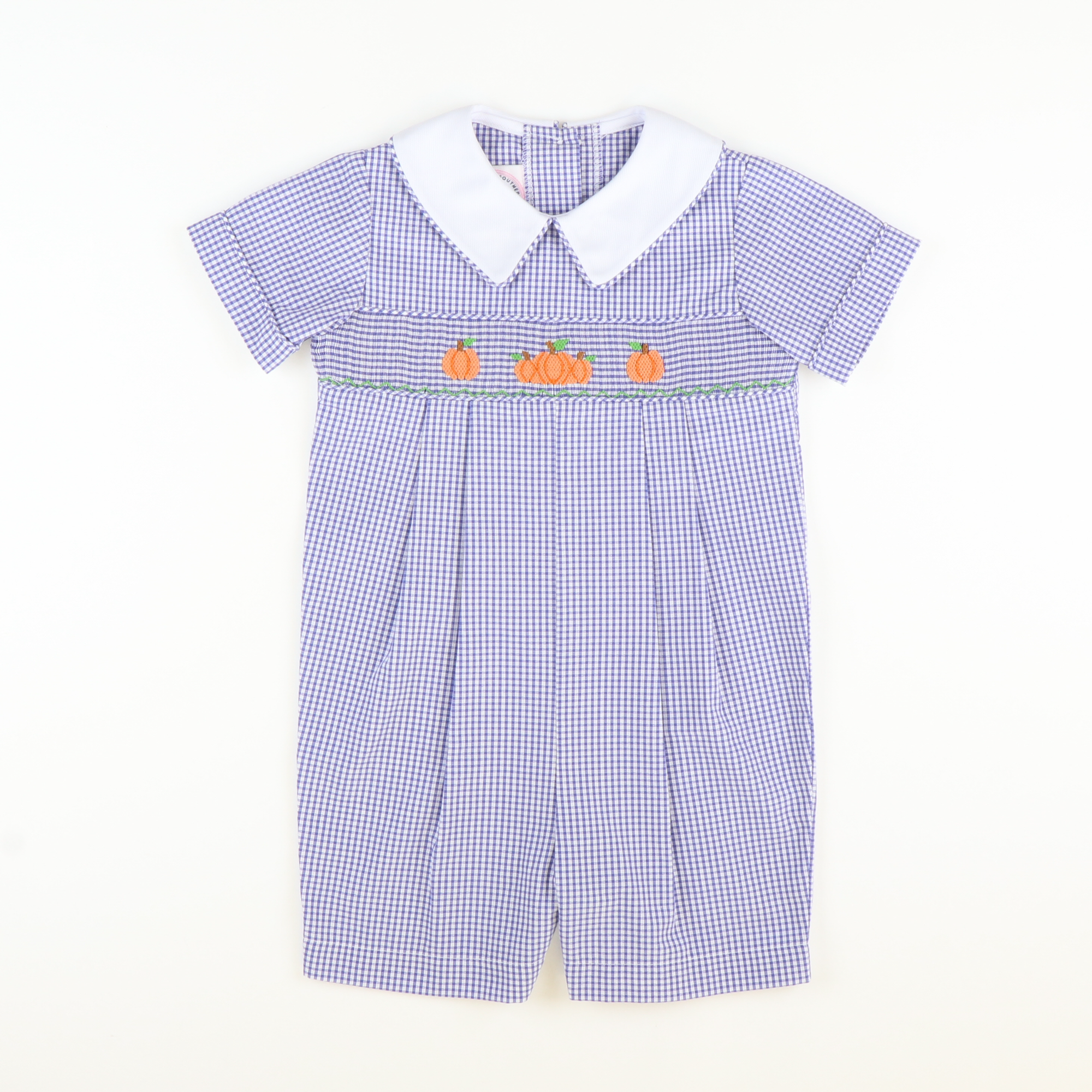 Smocked Autumn Pumpkins Collared Boy Romper - Royal Blue Sandra Gingham Plaid