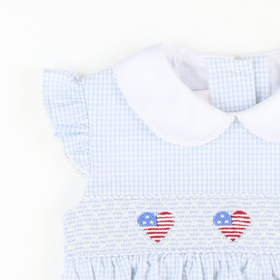 Smocked Patriotic Hearts Dress - Light Blue Mini Check Seersucker