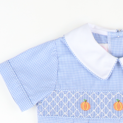 Smocked Geo Pumpkins Collared Boy Romper - Blue Mini Gingham