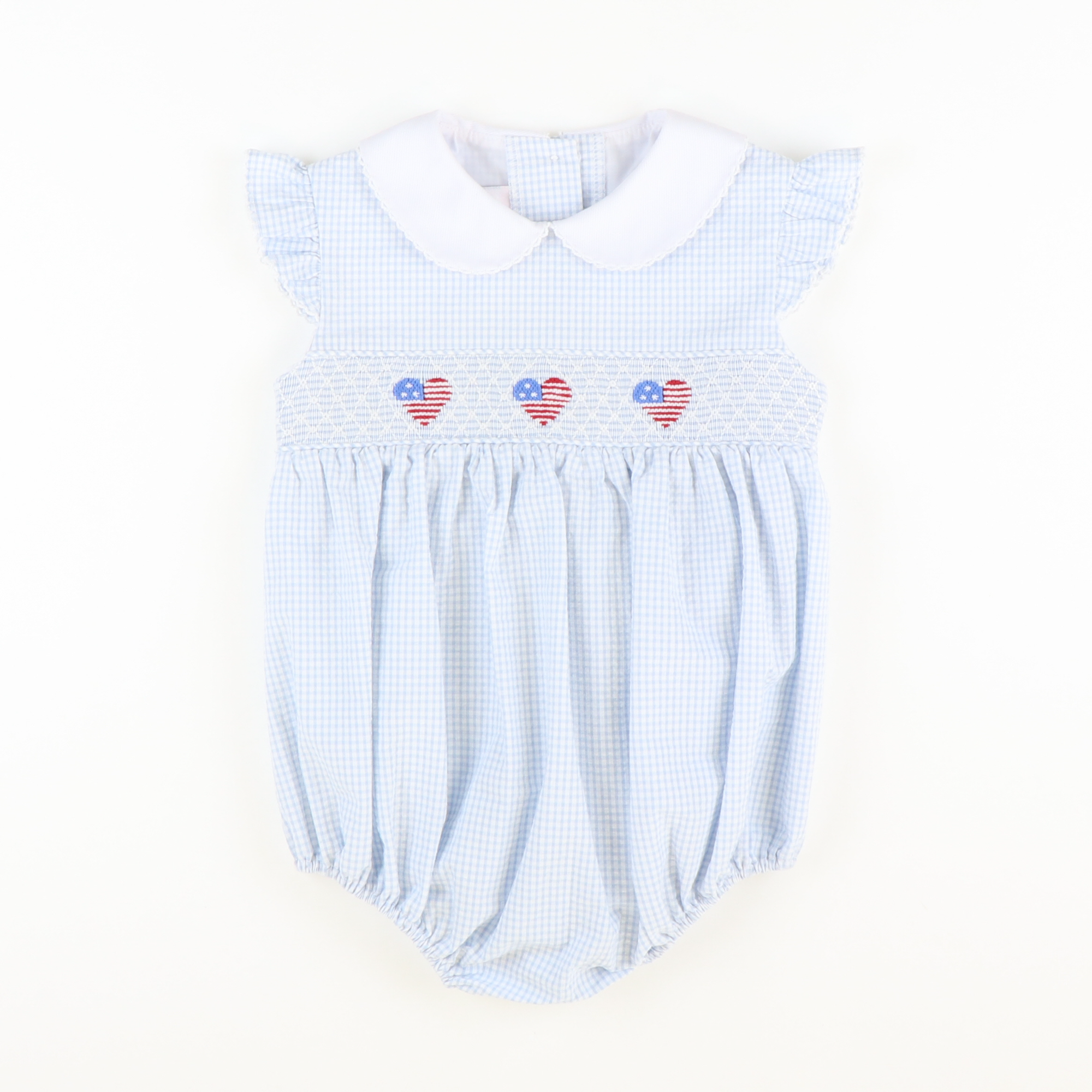 Smocked Patriotic Hearts Girl Bubble - Light Blue Mini Check Seersucker