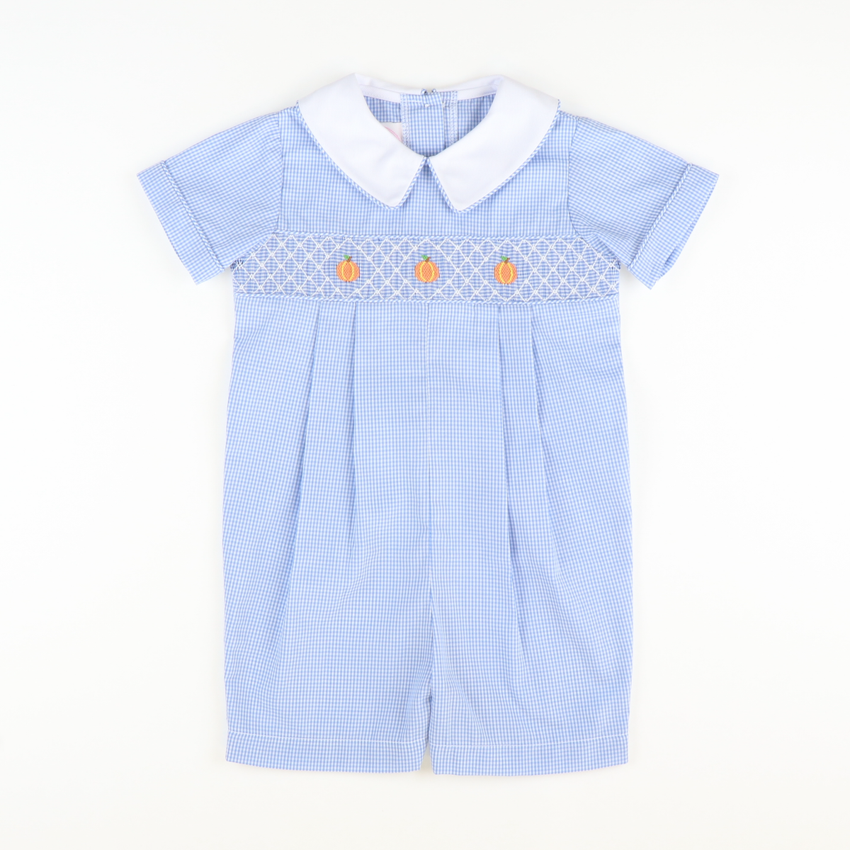 Smocked Geo Pumpkins Collared Boy Romper - Blue Mini Gingham