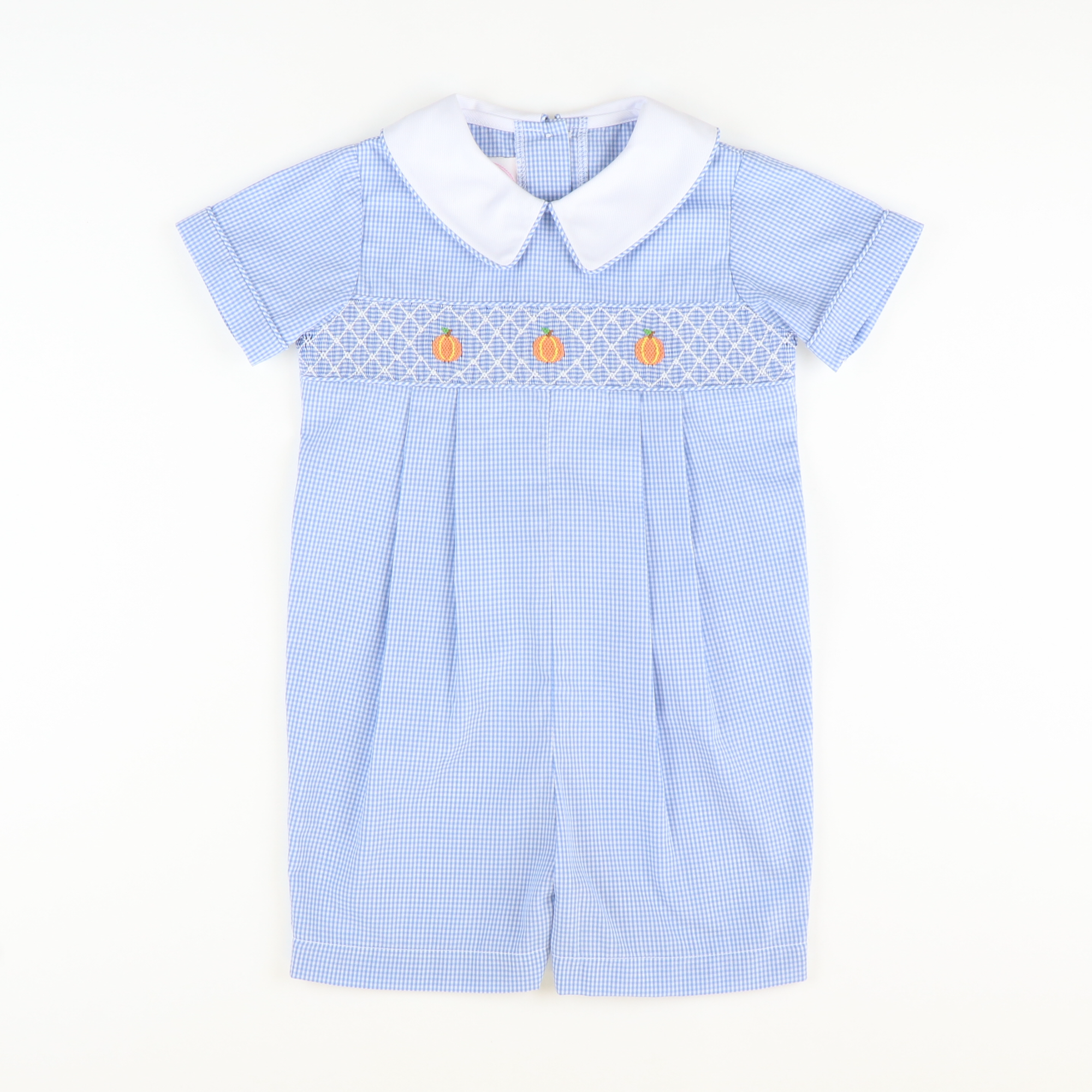 Smocked Geo Pumpkins Collared Boy Romper - Blue Mini Gingham