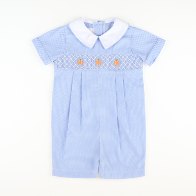 Smocked Geo Pumpkins Collared Boy Romper - Blue Mini Gingham