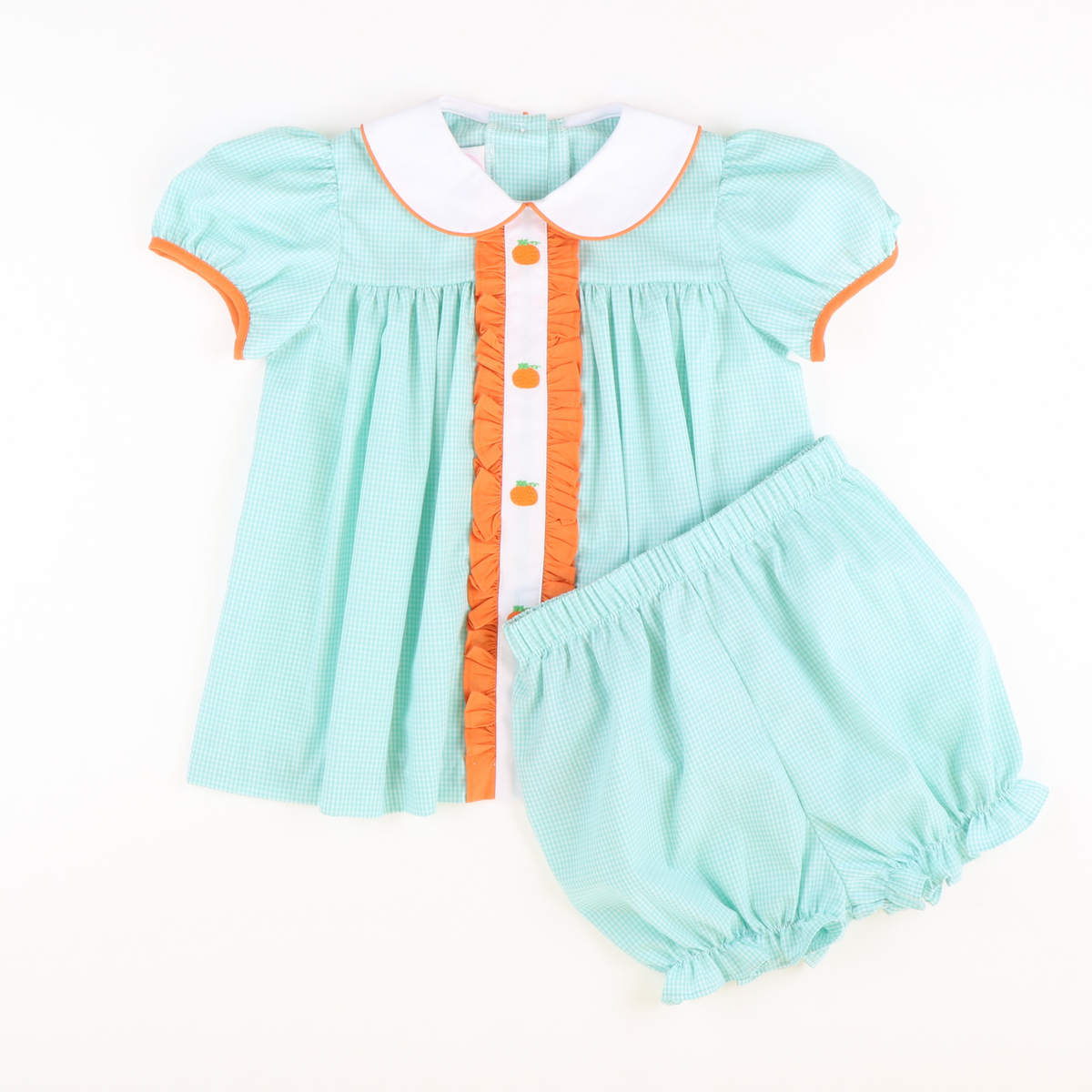 Embroidered Pumpkins Collared Top & Bloomer Set - Mint Mini Gingham