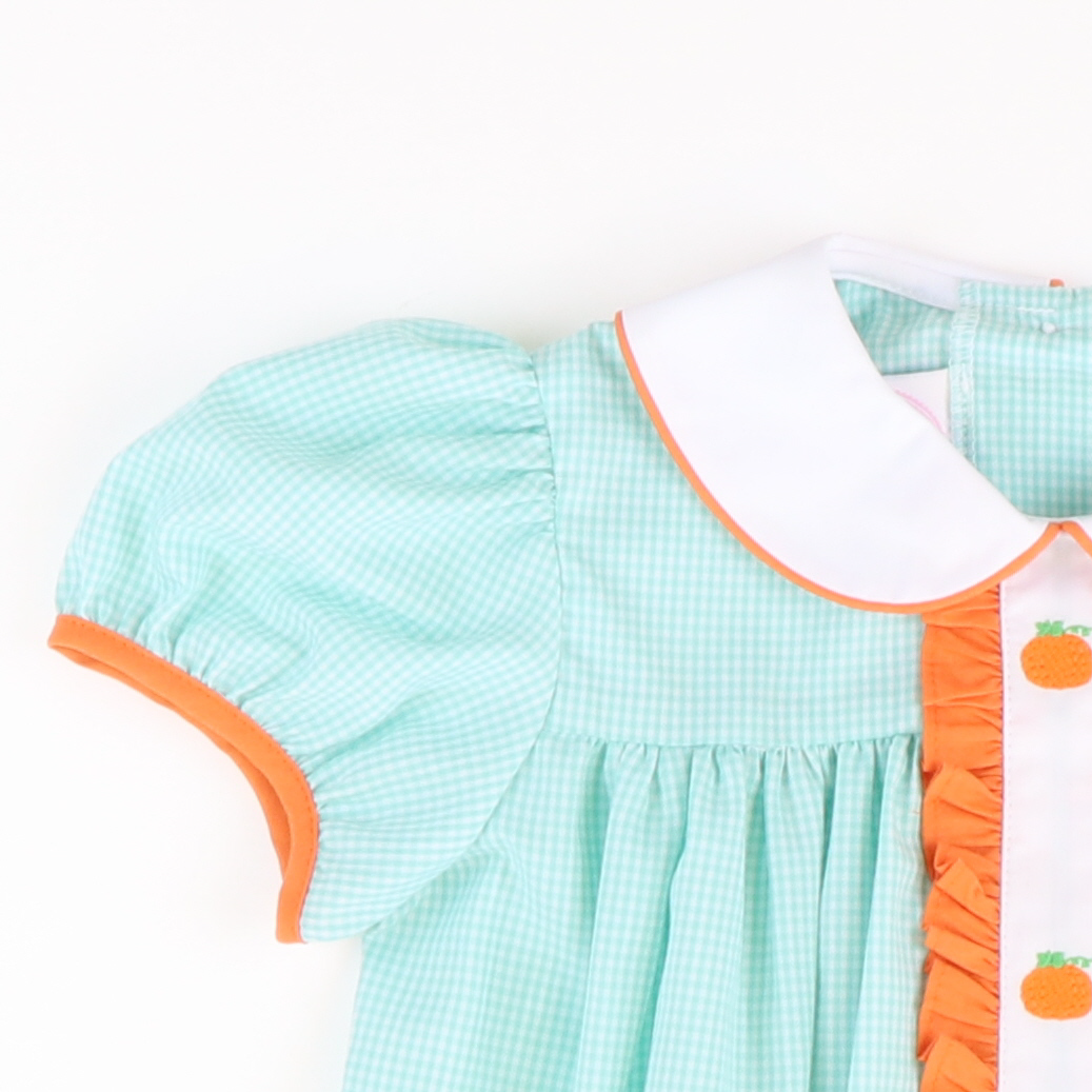 Embroidered Pumpkins Collared Top & Bloomer Set - Mint Mini Gingham