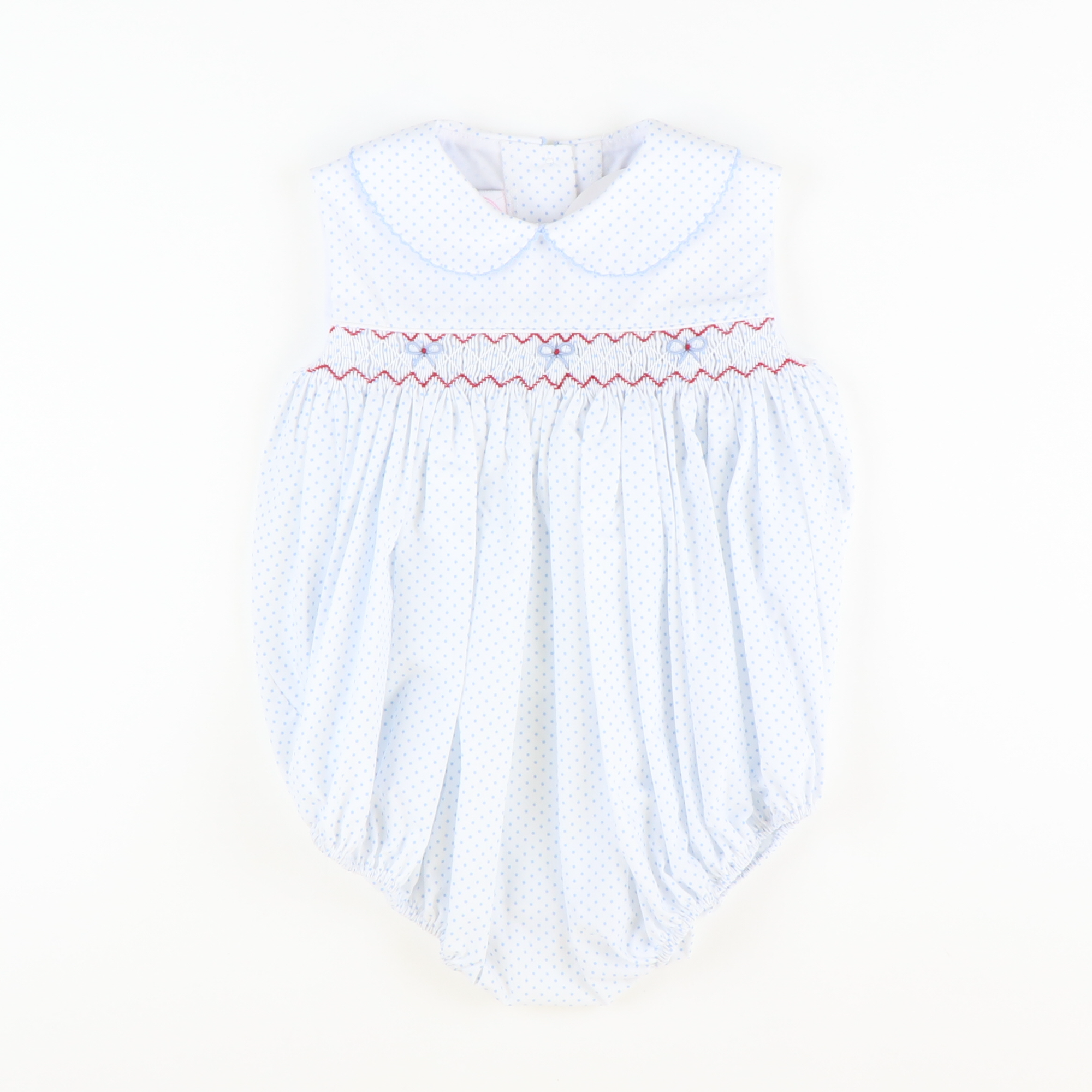 Smocked Patriotic Bows Collared Girl Bubble - Light Blue Tiny Dot