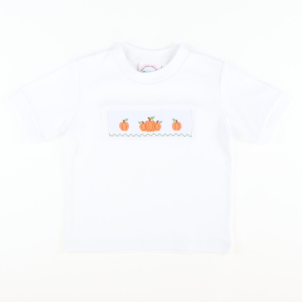 Smocked Autumn Pumpkins Short Sleeve White Knit Shirt