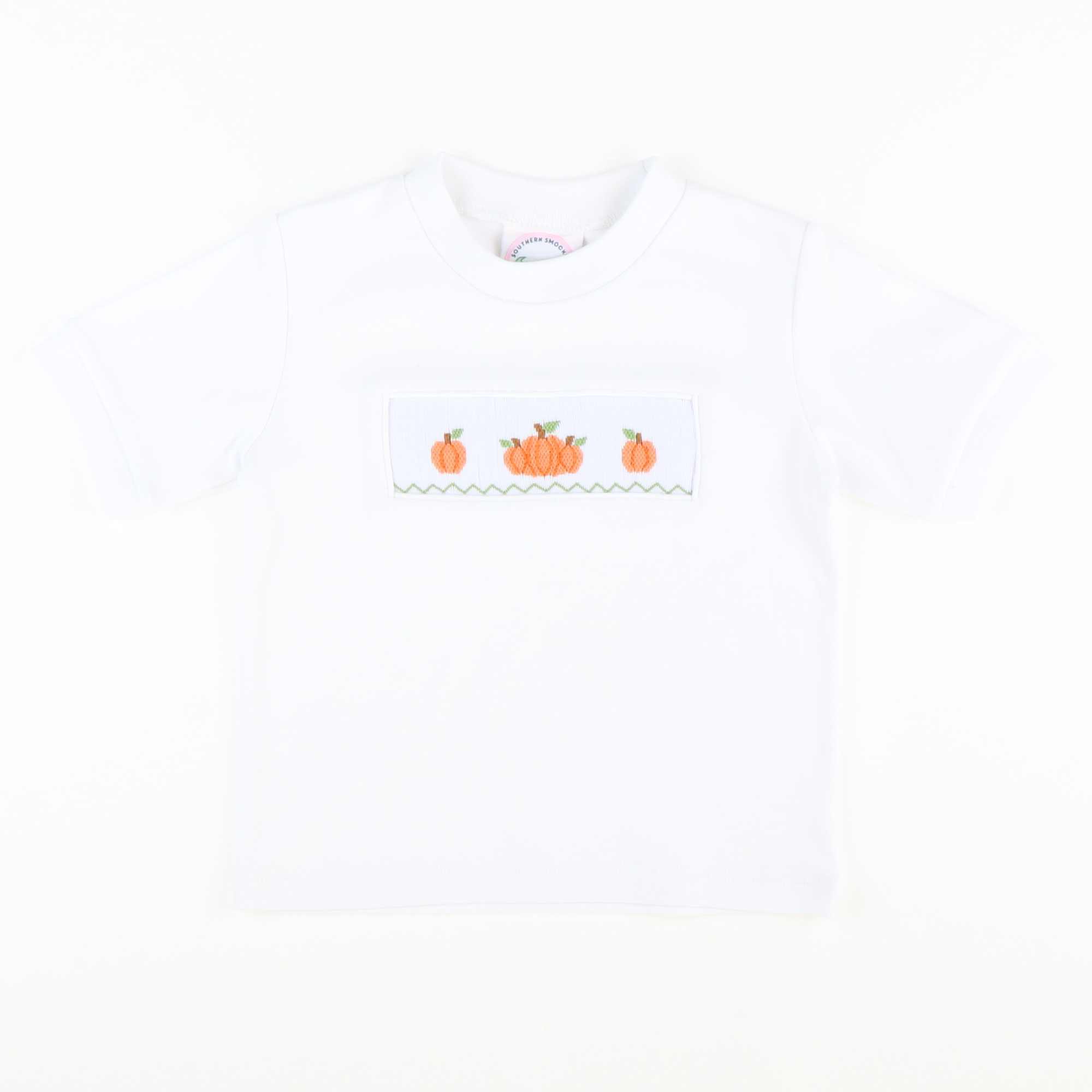 Smocked Autumn Pumpkins Short Sleeve White Knit Shirt