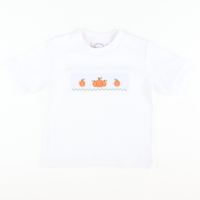Smocked Autumn Pumpkins Short Sleeve White Knit Shirt