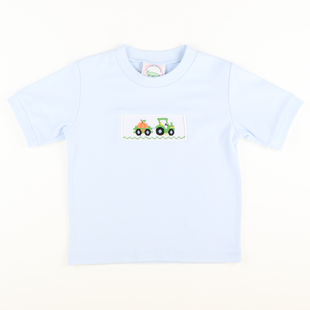 Smocked Pumpkin Tractor Short Sleeve Light Blue Knit Shirt