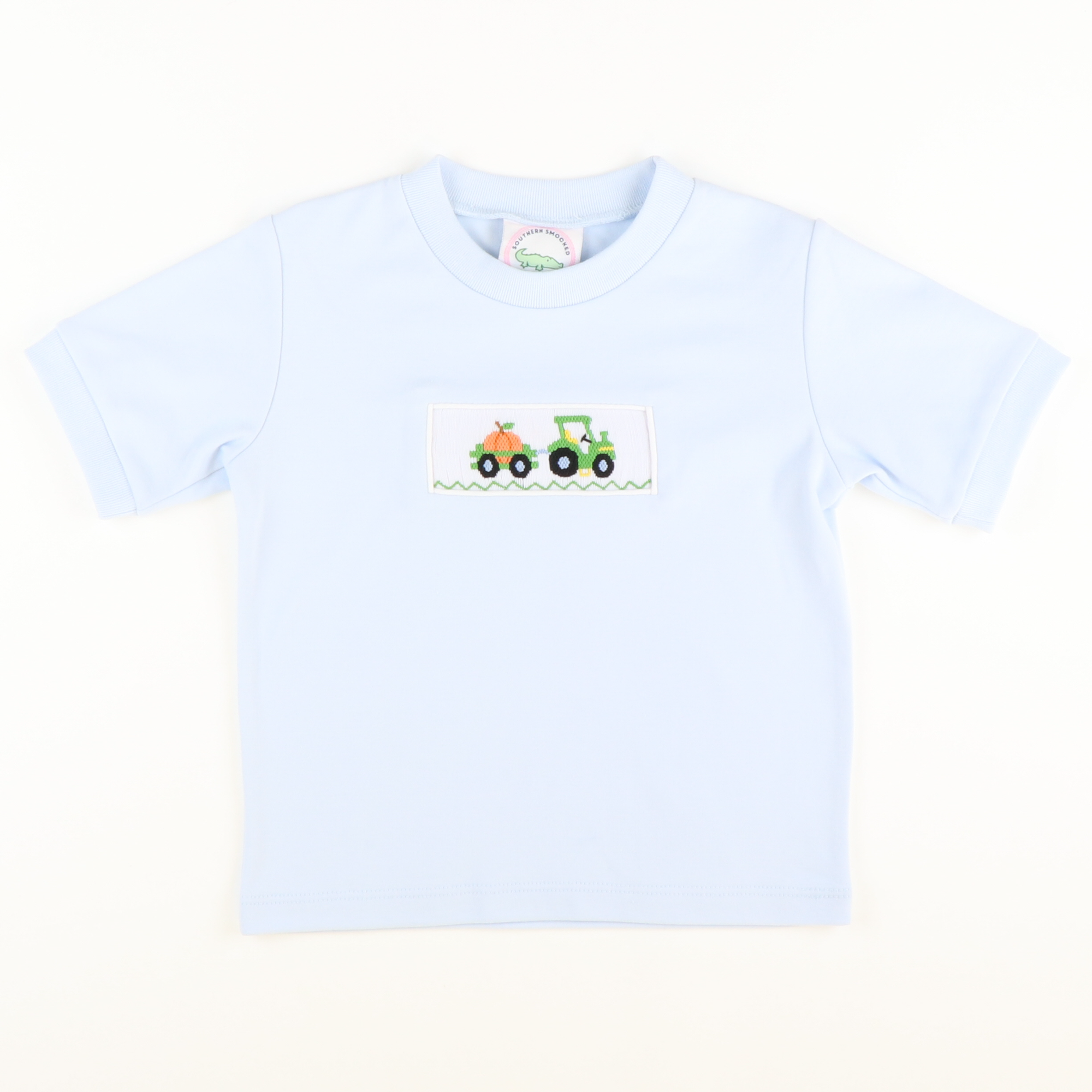 Smocked Pumpkin Tractor Short Sleeve Light Blue Knit Shirt