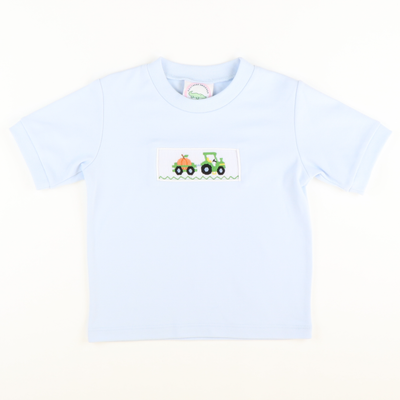 Smocked Pumpkin Tractor Short Sleeve Light Blue Knit Shirt