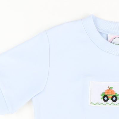Smocked Pumpkin Tractor Short Sleeve Light Blue Knit Shirt