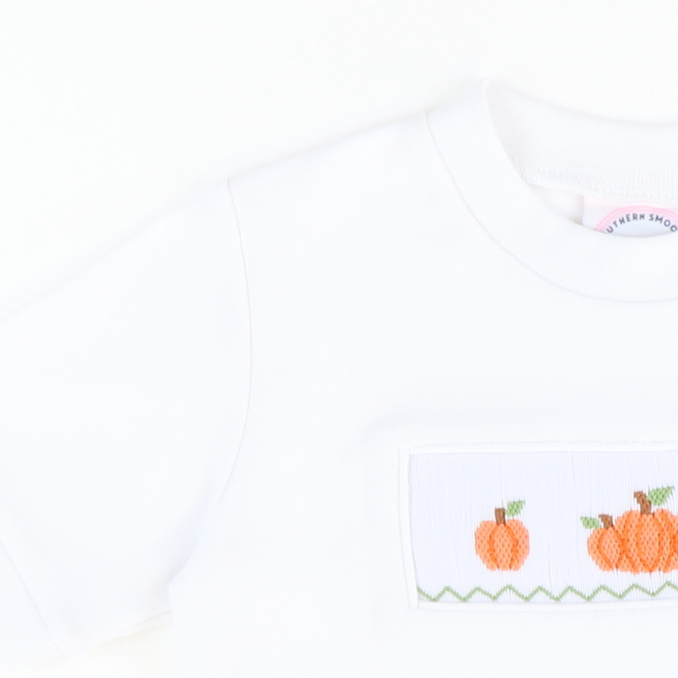Smocked Autumn Pumpkins Short Sleeve White Knit Shirt
